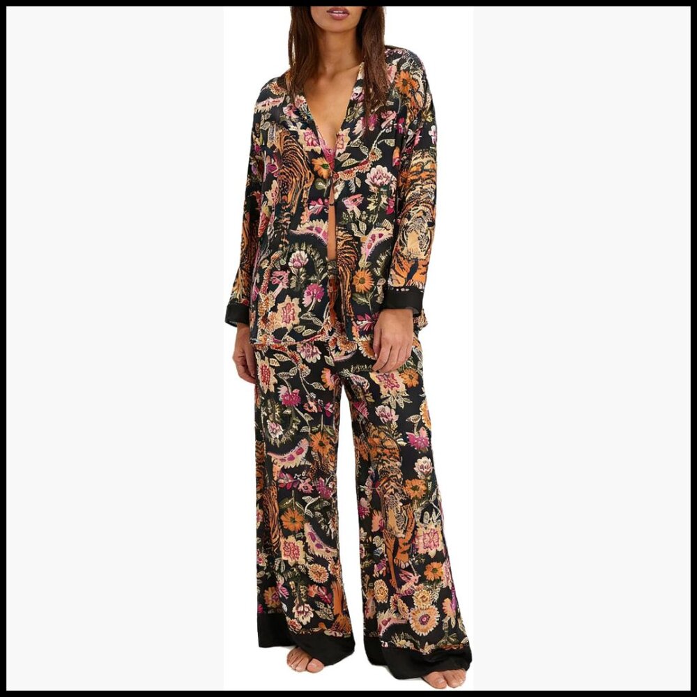 Satin Pajama Set Long Sleeve Button Down Shirt Wide Leg Pants